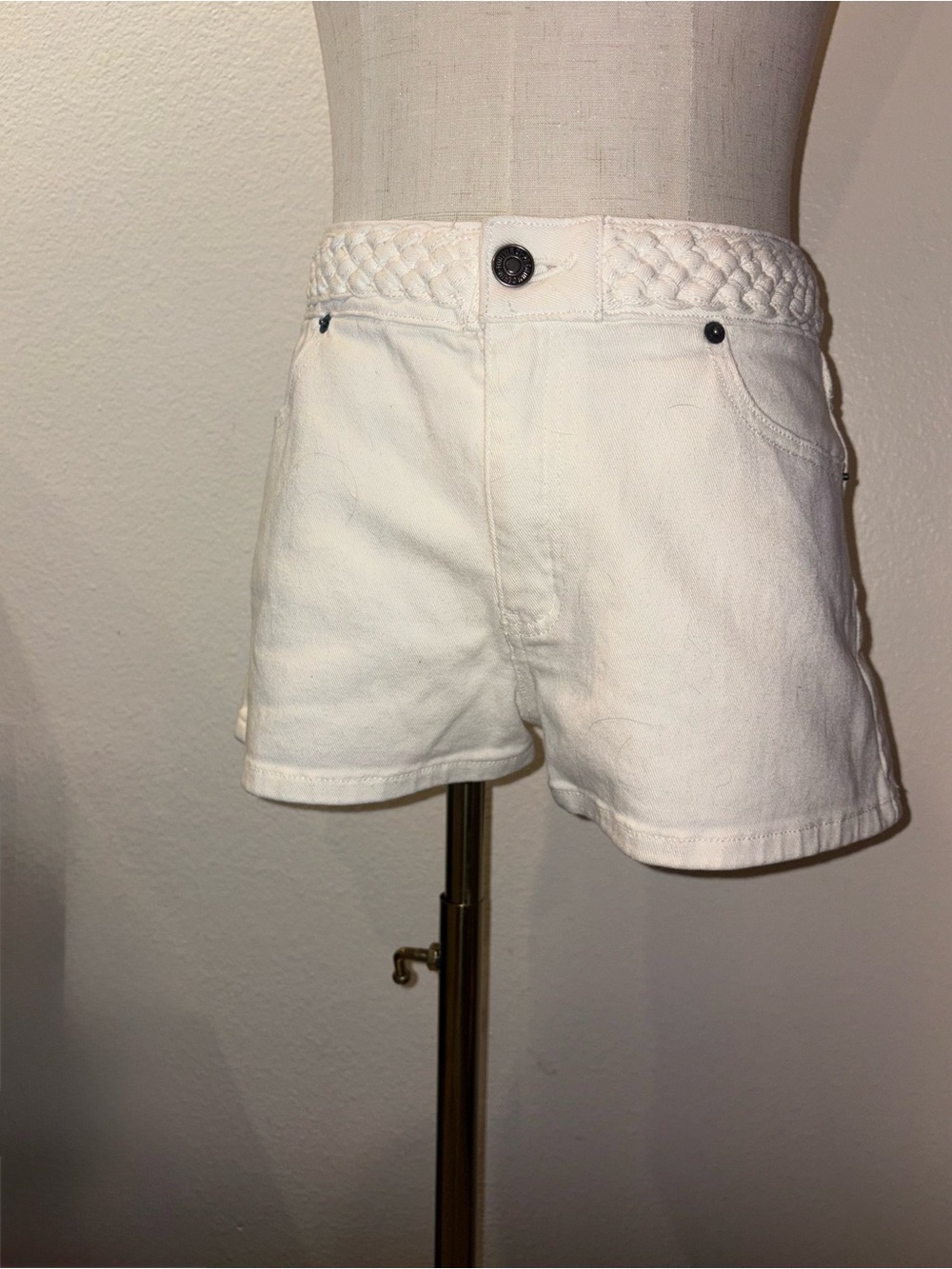 Forever 21 White Braided-Waist Jean Shorts